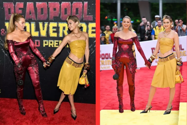 Blake Lively and Gigi Hadid, Deadpool and Wolverine, high fashion, Marvel characters, fashion collaboration, haute couture, superhero transformation, pop culture and fashion, Blake Lively Deadpool,