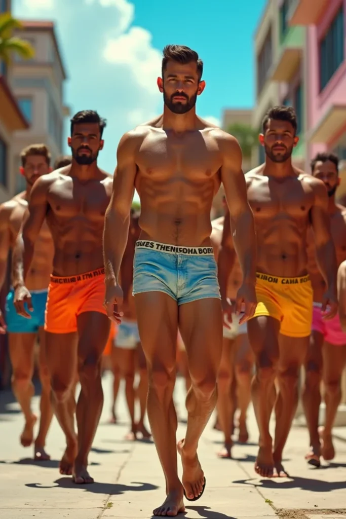 Men in booty shorts, men's fashion trends, breaking gender norms, body positivity for men, stylish men’s shorts, confidence in fashion, self-expression in clothing, festival fashion for men, gender-fluid fashion