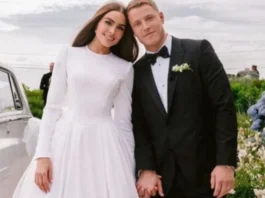 Olivia Culpo wedding dress controversy, Olivia Culpo wedding gown, Christian McCaffrey Olivia Culpo wedding, Olivia Culpo wedding backlash, Olivia Culpo dress criticism, Olivia Culpo Vogue interview, Olivia Culpo wedding 2024, Kennedy Bingham Olivia Culpo, Olivia Culpo wedding drama